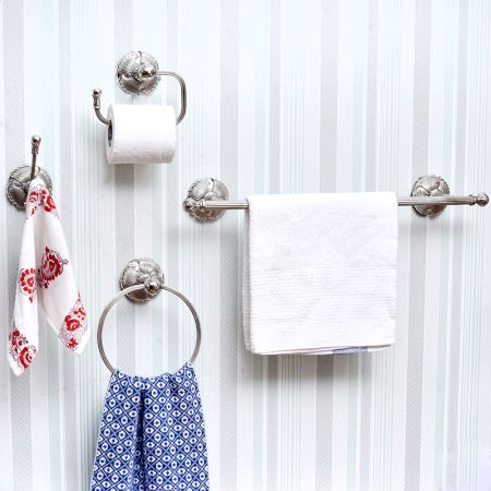 Silver Brass Floral Base Bathroom Hardware Accessories Set of 4